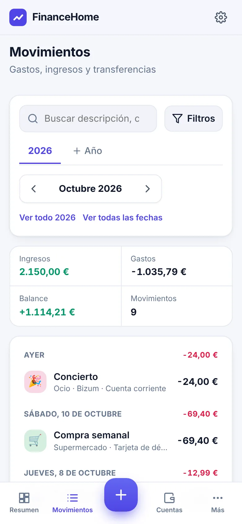 Lista de movimientos del mes en el móvil, con ingresos, gastos y balance.